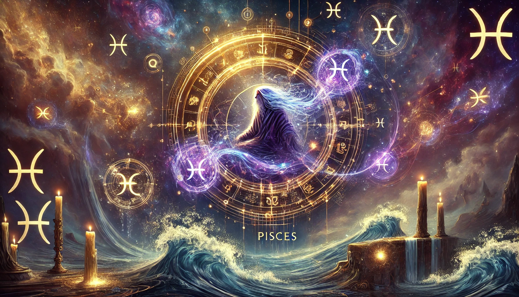A cosmic and mystical digital artwork featuring Pisces as the central zodiac sign, illuminated by glowing constellations, swirling galaxies, and a futuristic holographic astrological chart. The Pisces symbol is prominently displayed, representing intuition, creativity, and deep emotional connection. The background blends deep purples, blues, and cosmic gold, enhancing the celestial and astrological theme. This Pisces-themed horoscope image reflects the sign's dreamy nature, spiritual depth, and strong link to imagination and empathy, aligning with its astrological influences.